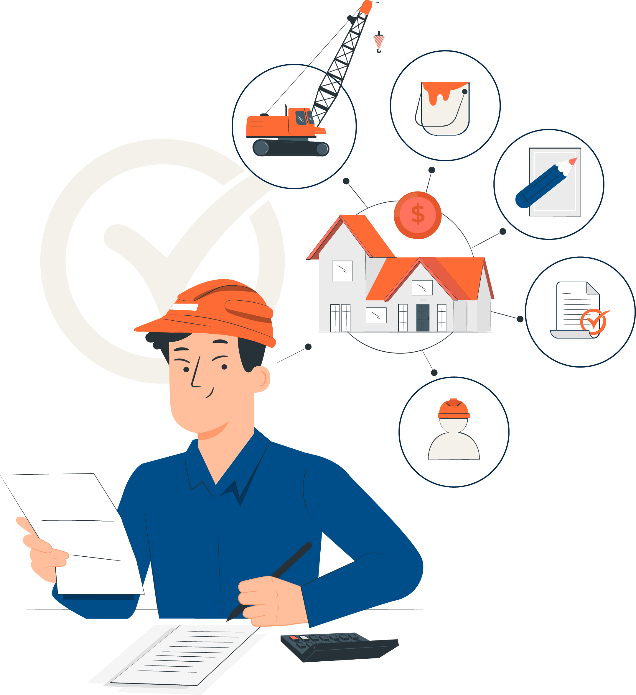 Builder reviewing plans with build stages around a house